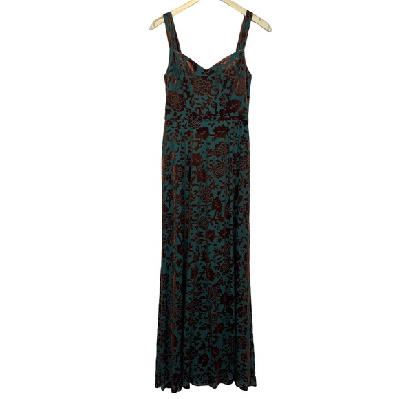 Azazie Atelier HELENA TEAL COPPER BURNOUT VELVET FLORAL MAXI DRESS SZ 6 - Picture 8 of 16